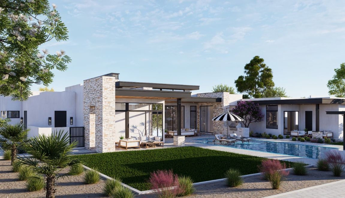 Desert Winds Contemporary rear exterior rendering with swimming pool, covered patios and modern desert landscaping